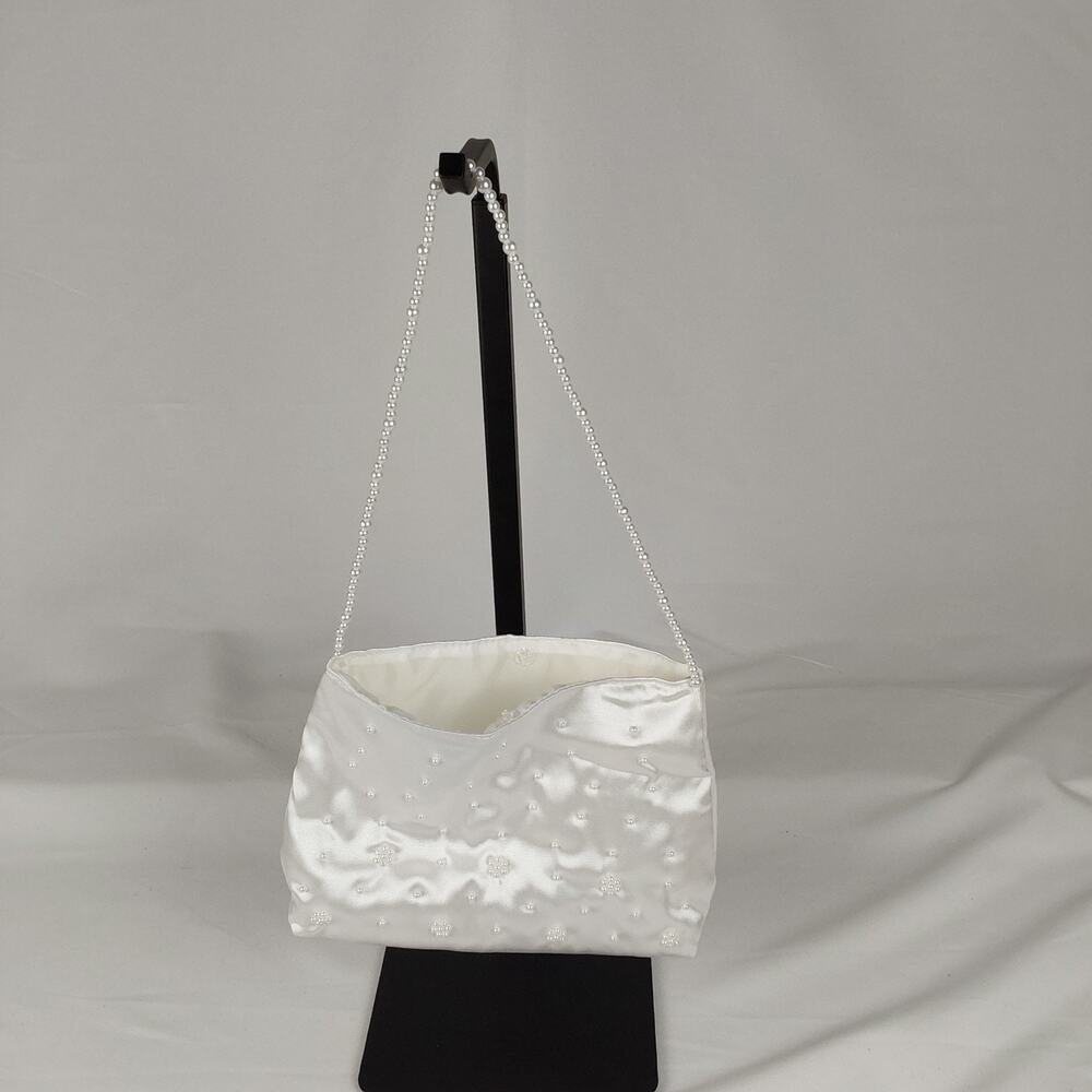 White Satin Pearl Beaded Evening Bag Bridal Wedding Shoulder Purse Clutch